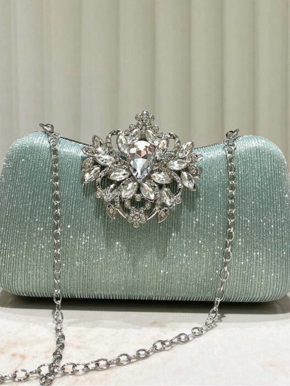 Mint Crystal-Embellished Evening Clutch with Silver Chain